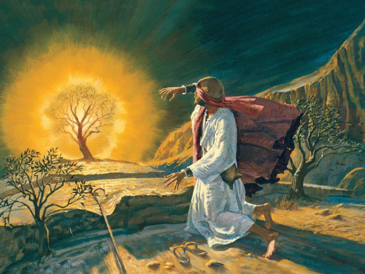 Painting of Moses and the burning bush, depicting Moses fallen to his knees, shielding his face before the sight of a gloriously flaming bush.